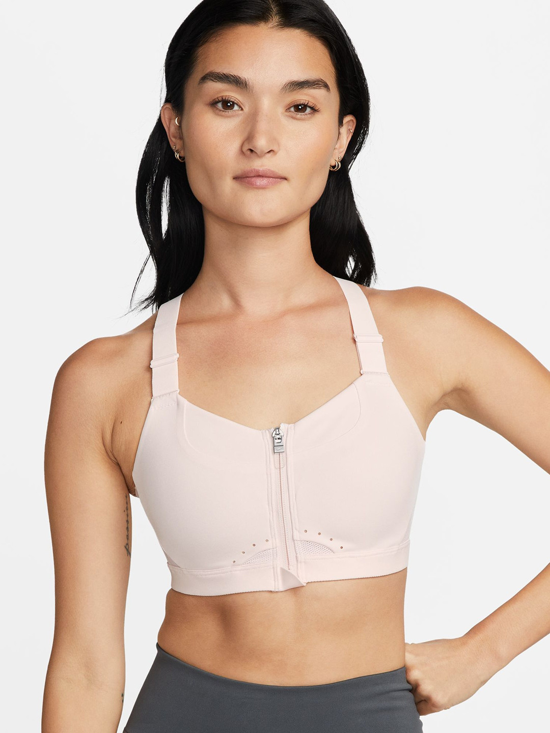 

Nike Women Light Pink Solid Lightly Padded dri-FIT Alpha Zip-Front Workout Bra