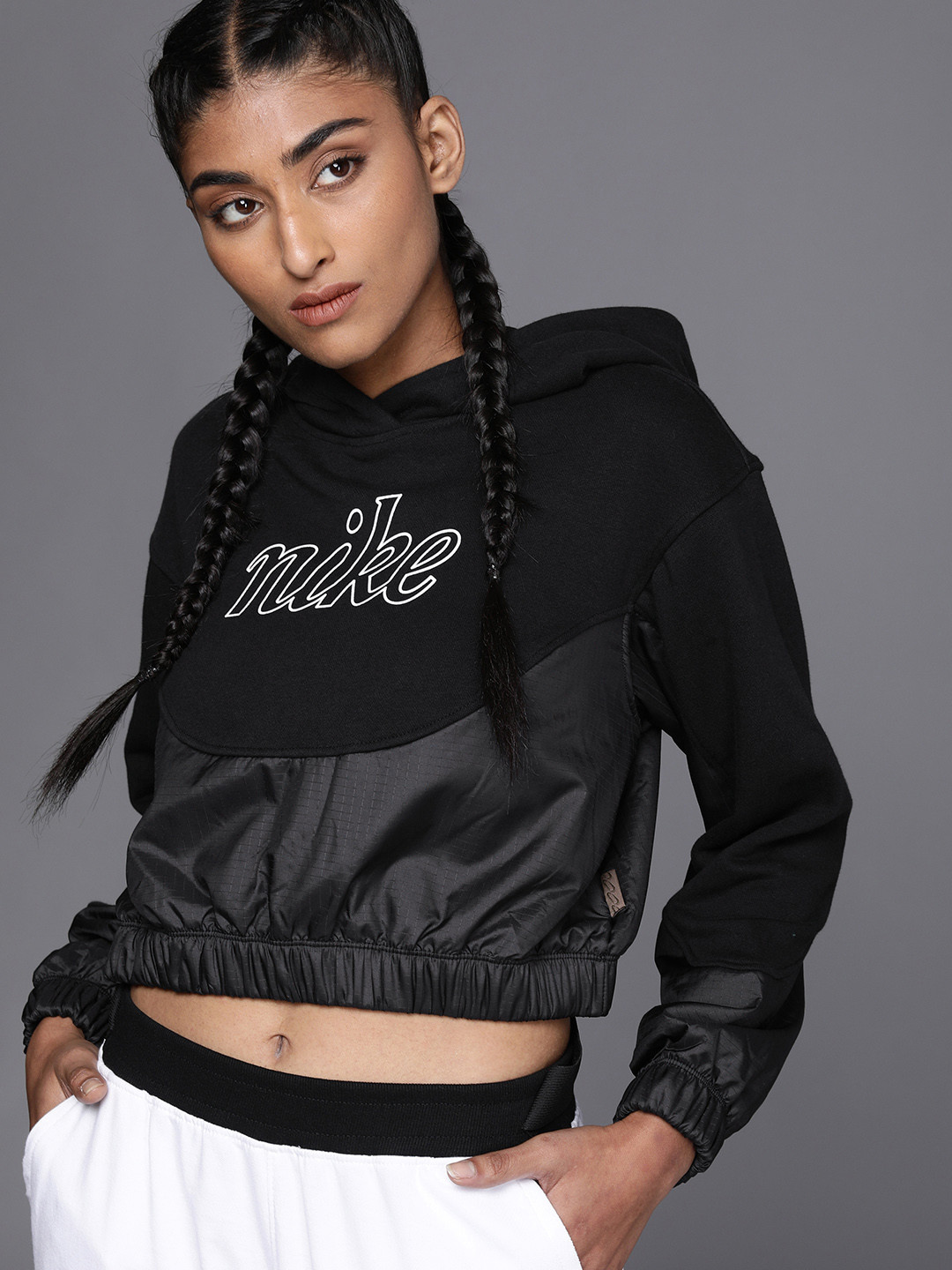 

Nike Women Brand Logo Printed AS W NSW IC FLC Crop Hooded Sweatshirt, Black
