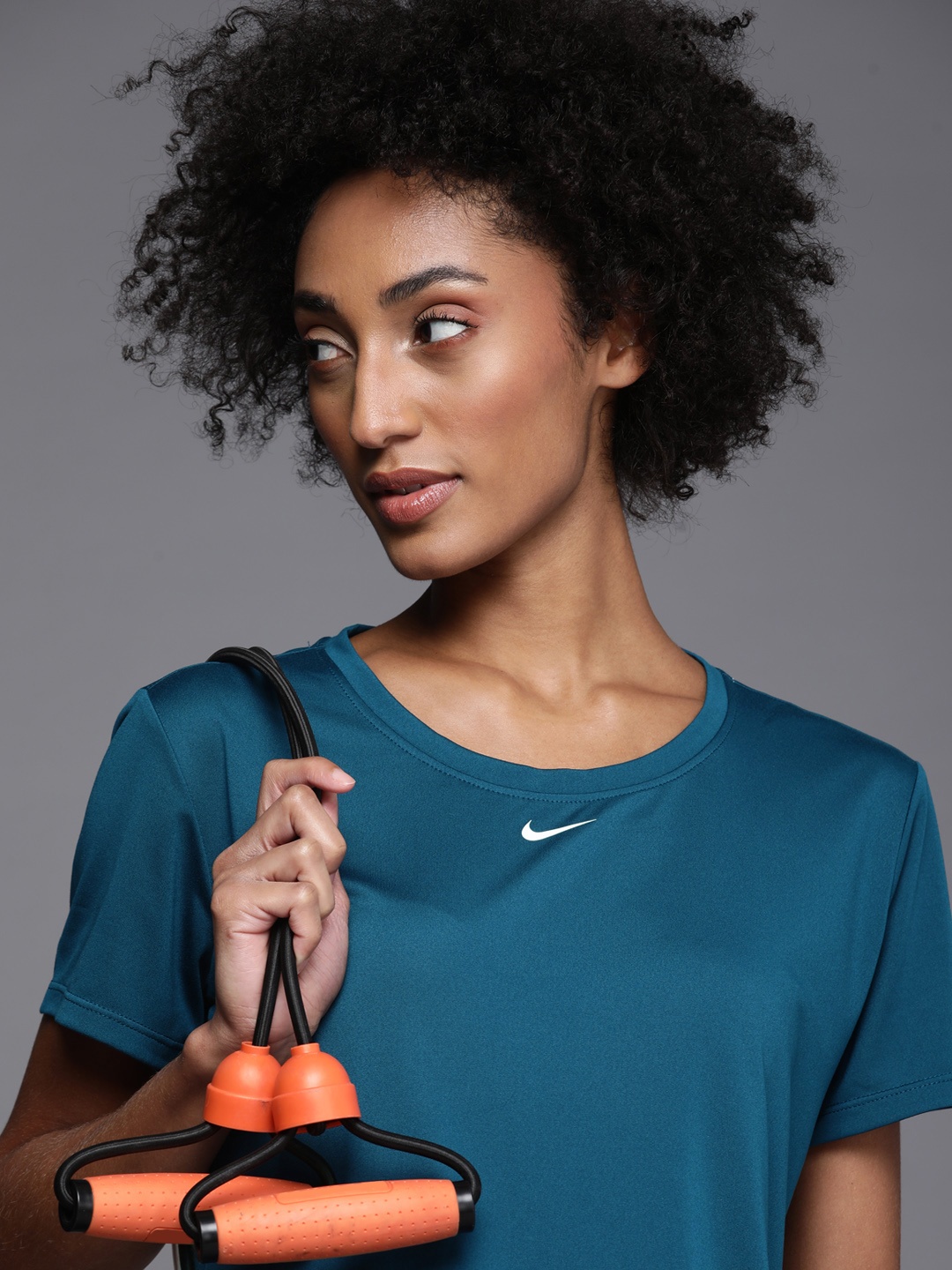 

Nike Women Teal Blue Brand Logo Printed Dri Fit Training Top