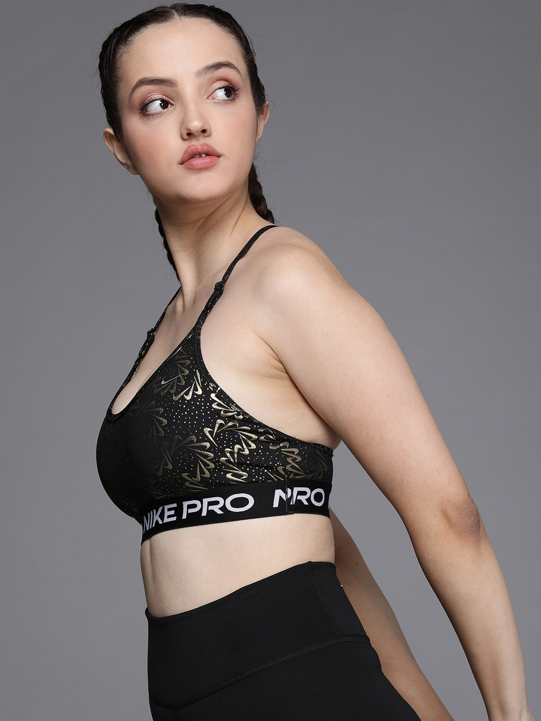 

Nike Printed DRI FIT Bra With Styled Back, Black