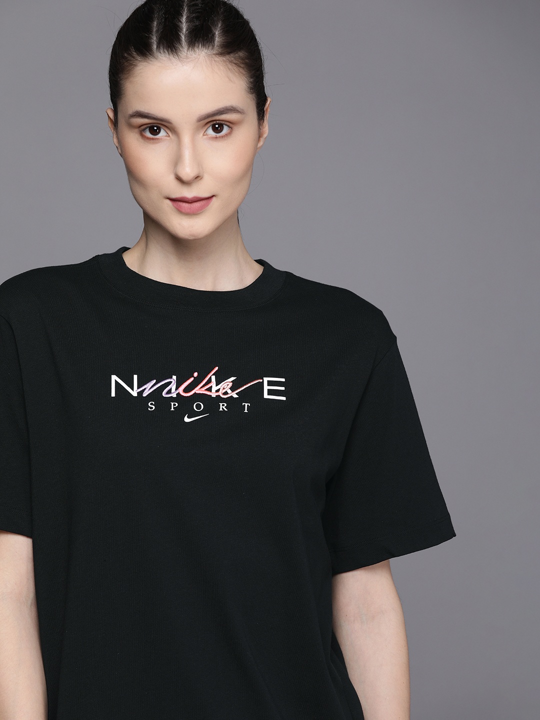

Nike Women Black & White Brand Logo Embroidered AS W NSW Pure Cotton Top