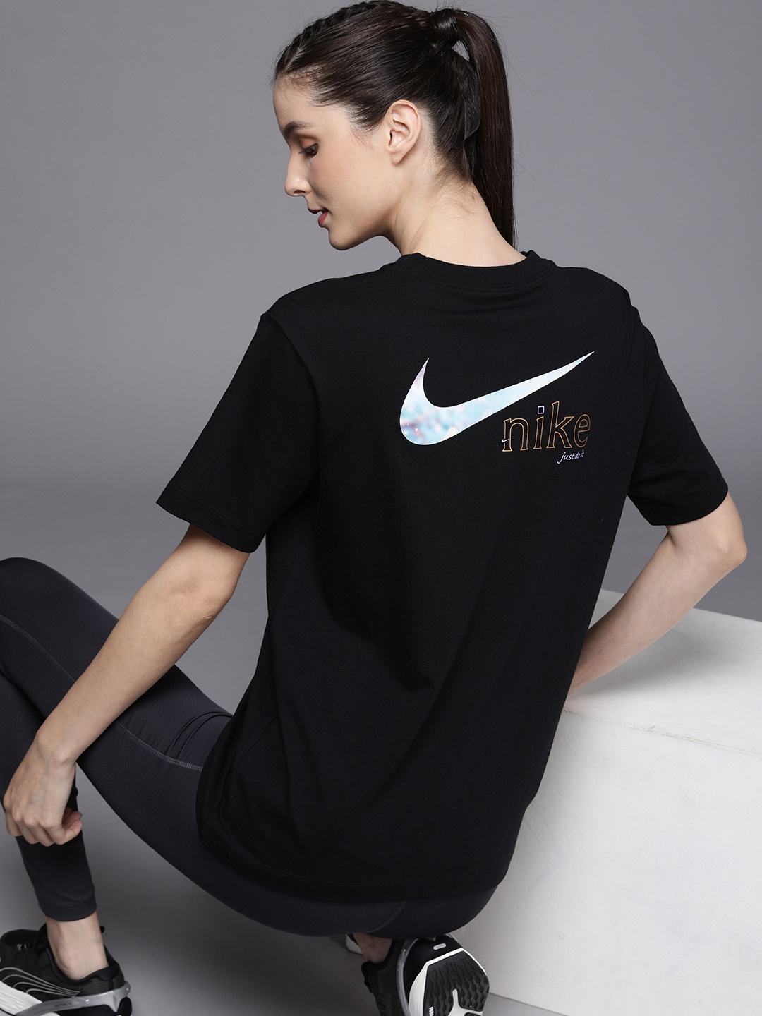 

Nike Women Black & Pink AS W NSW Brand Logo Printed Pure Cotton Top