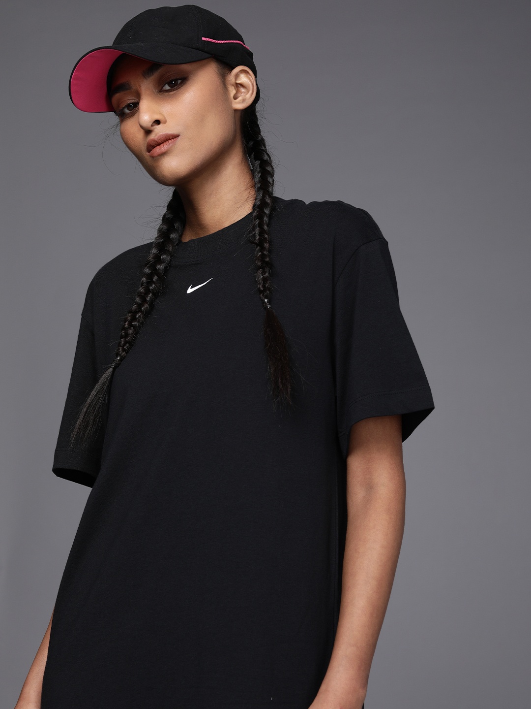 

Nike Women Loose Fit Solid Pure Cotton T-shirt Dress, Black