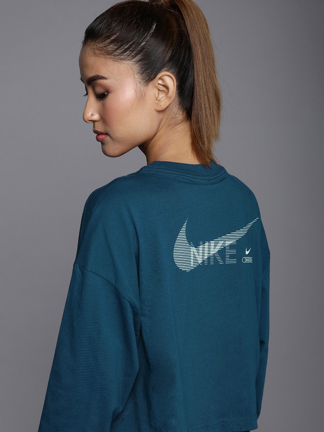 

Nike Women Blue Brand Logo Print Pure Cotton Sportswear Swoosh Crop Top