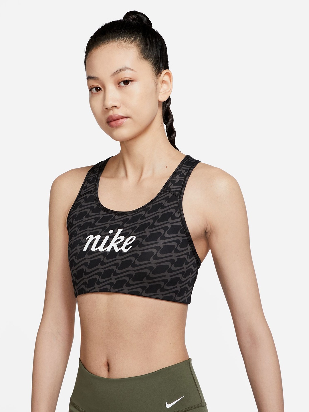 

Nike Brand Logo Printed Training Bra With Racer Back, Black
