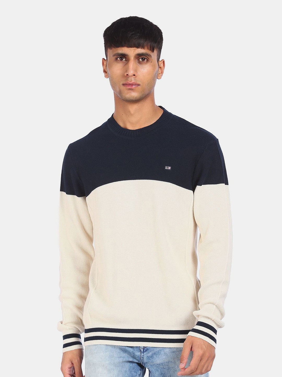 

Arrow Sport Men White & Navy Blue Colourblocked Pure Cotton Pullover