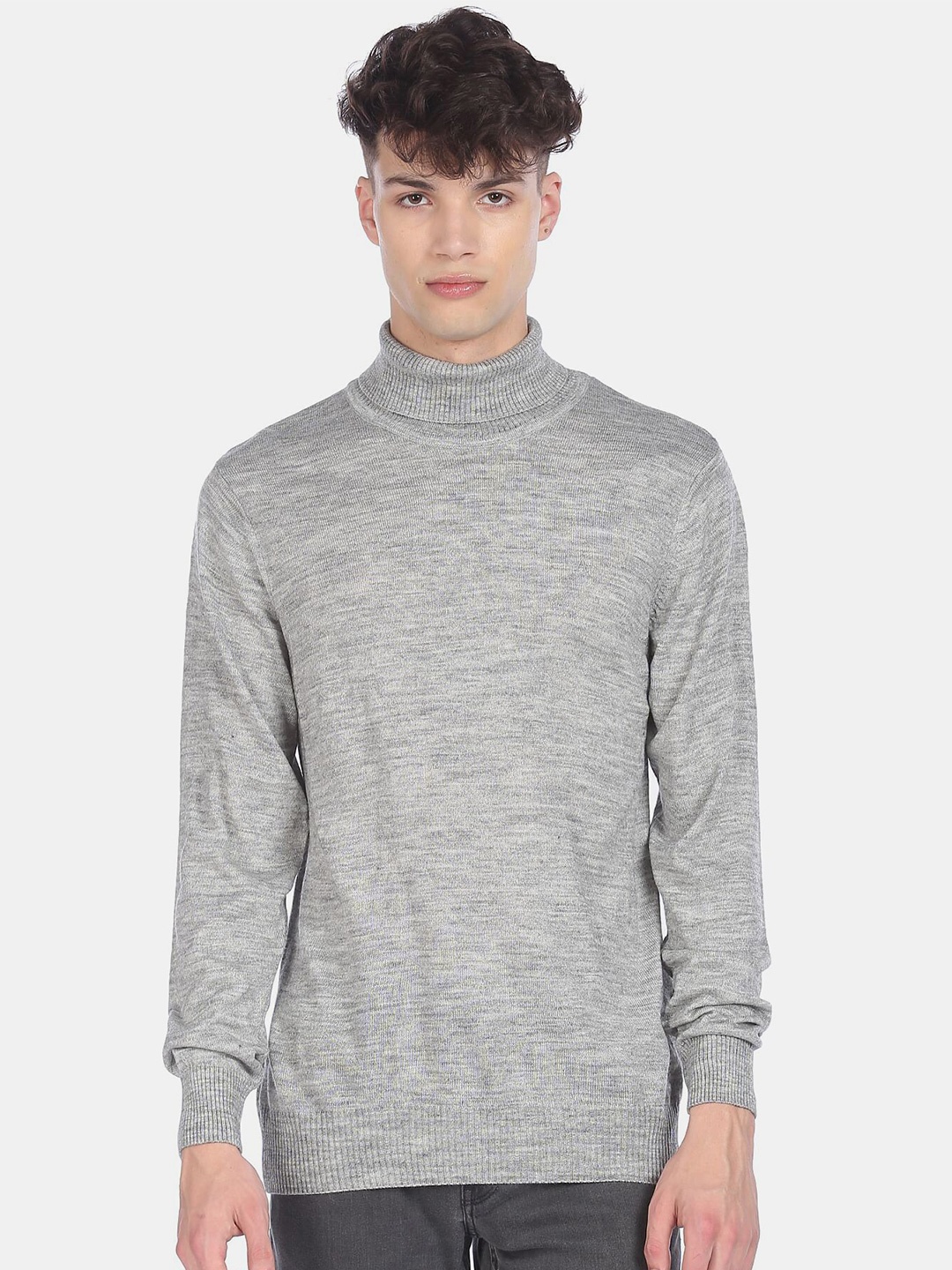 

Arrow Sport Men Grey & Off White Turtle Neck Pullover