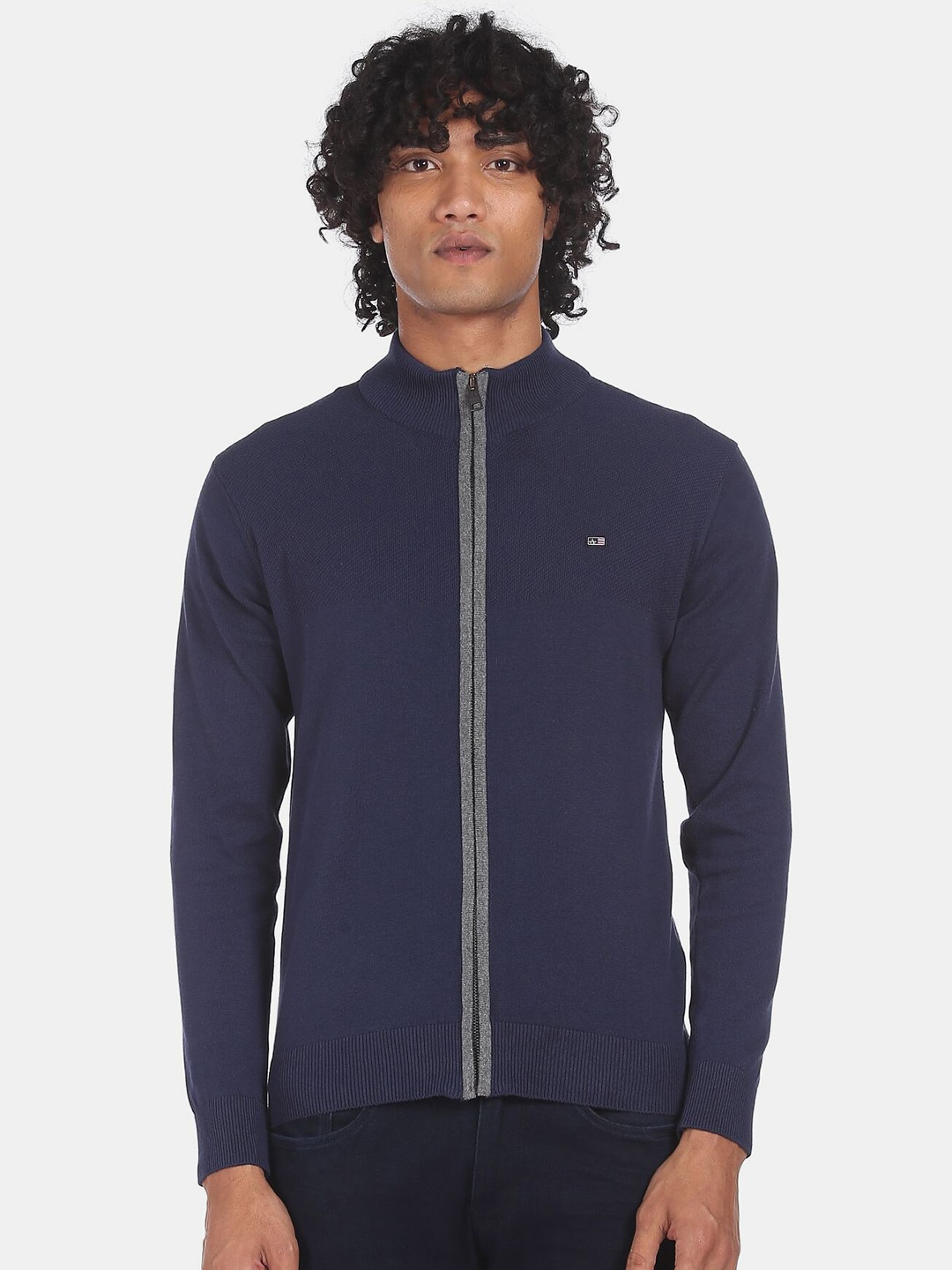 

Arrow Sport Men Blue & Grey Mock collar Cardigan