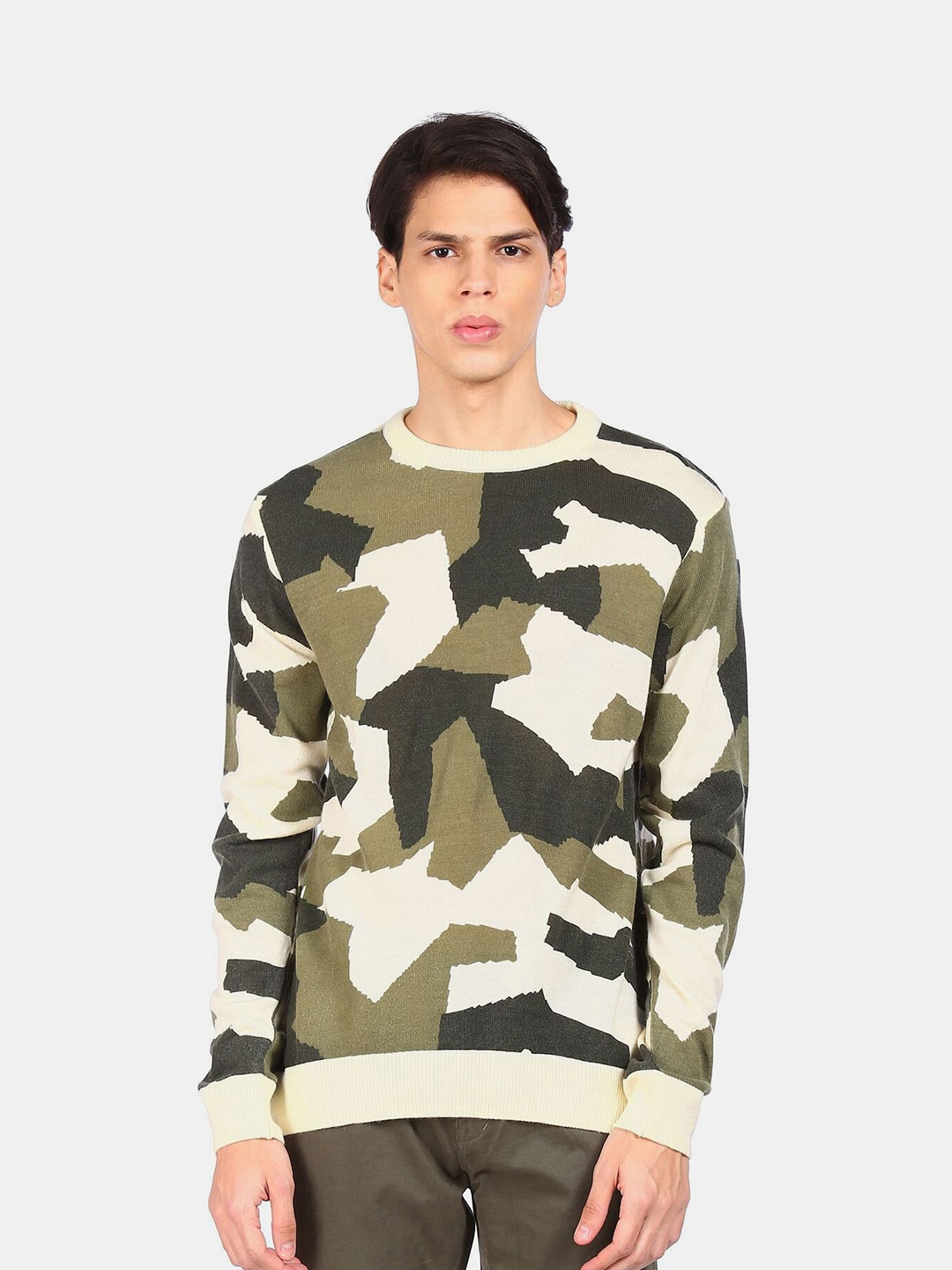 

Ruggers Men Green & Cream-Coloured Camouglage Printed Pullover