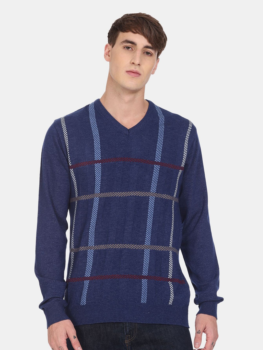 

Ruggers Men Blue & White Checked Pullover
