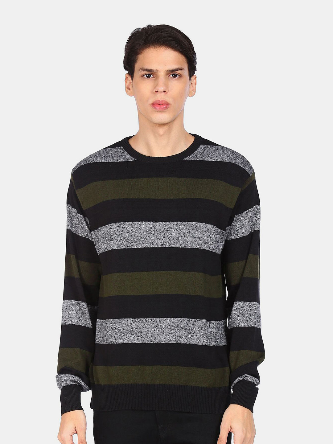

Ruggers Men Green & Black Striped Pure Cotton Pullover