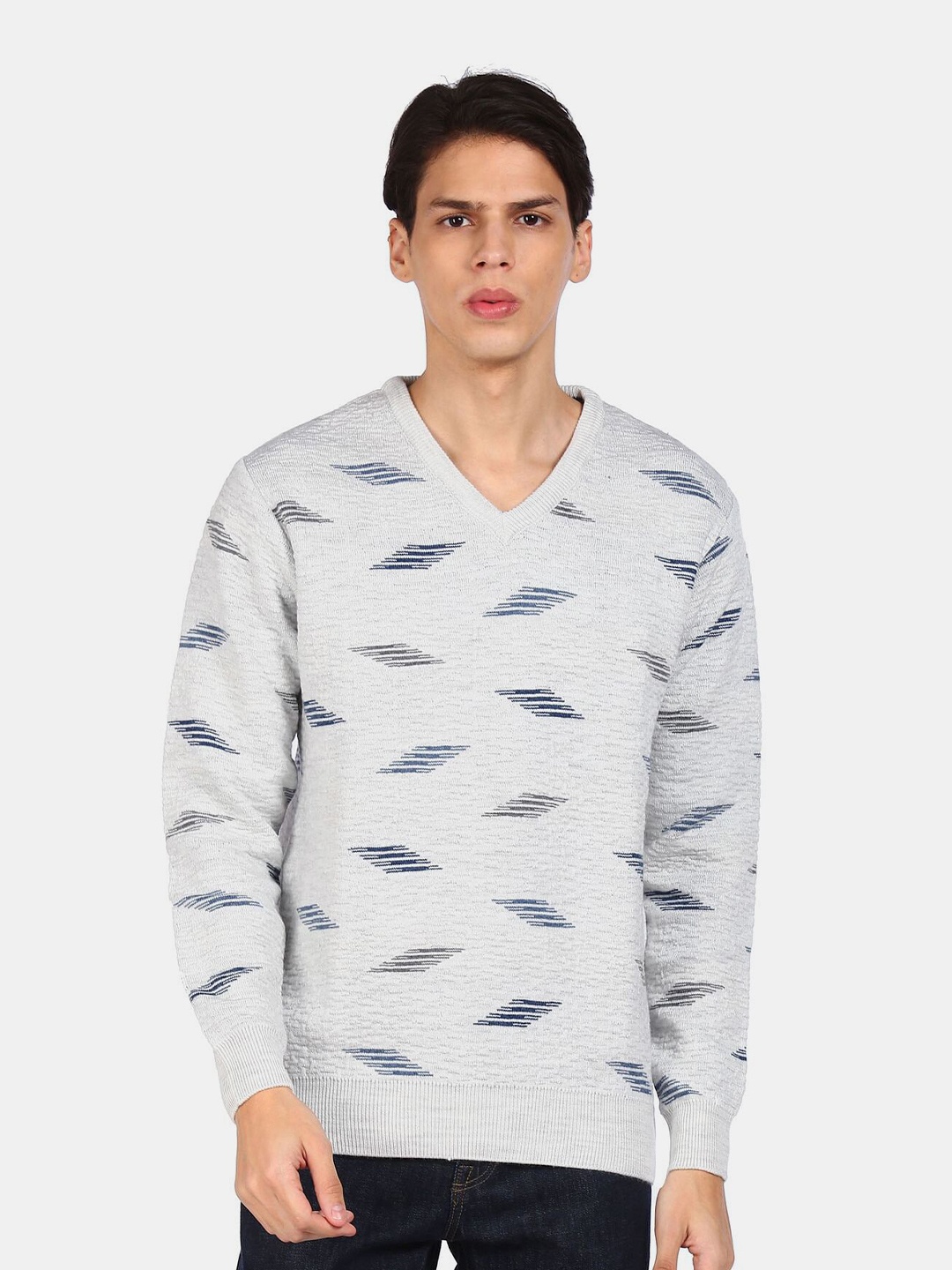 

Ruggers Men Grey & Navy Blue Printed Pullover