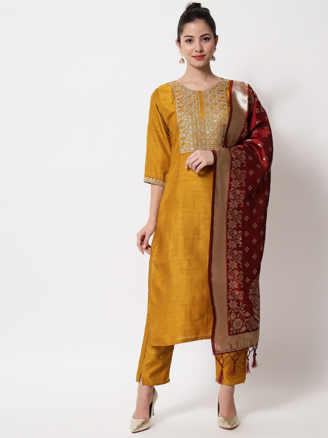 

VredeVogel Women Mustard Yellow Embroidered Straight Kurta with Trousers & With Dupatta