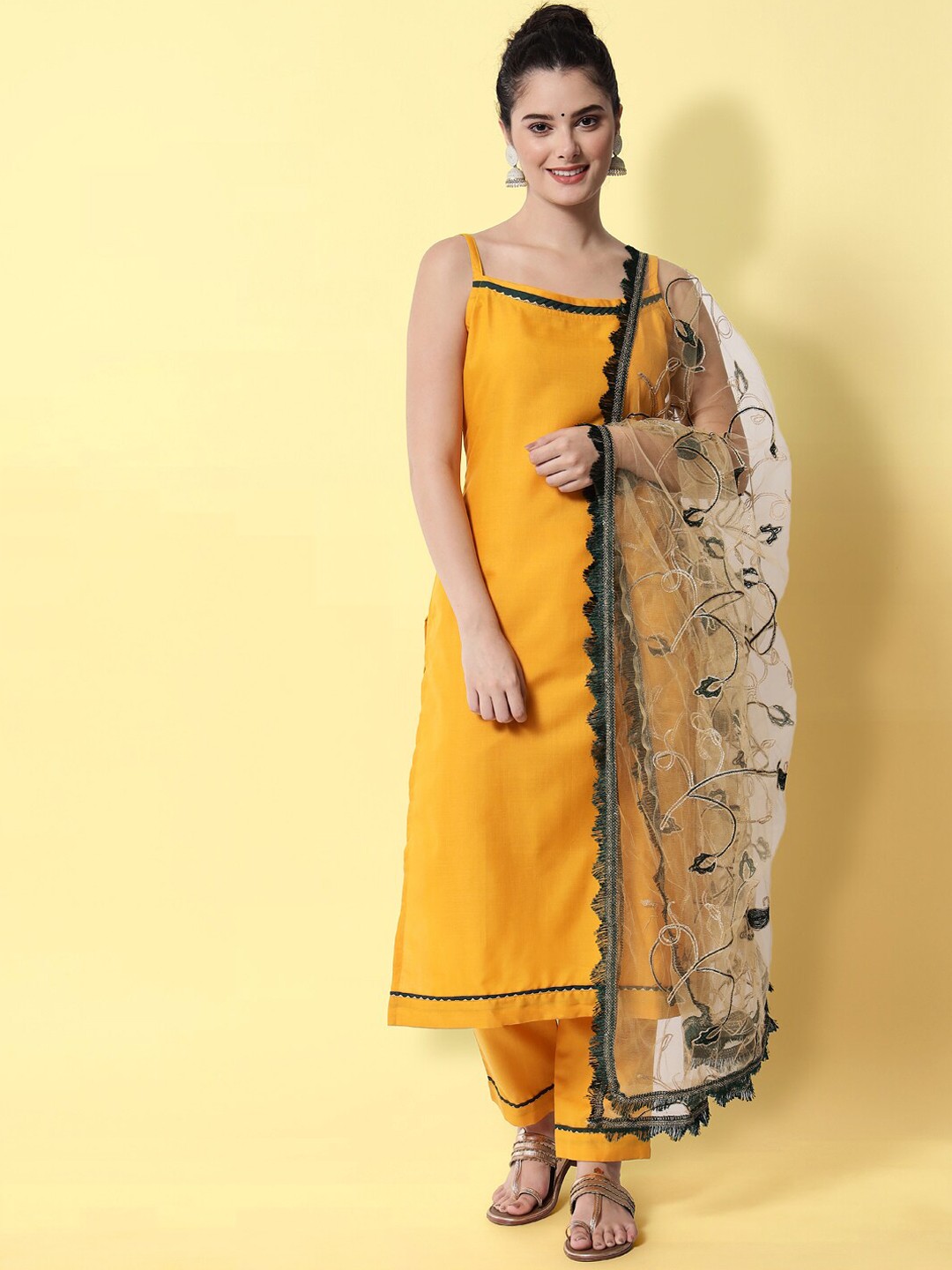 

VredeVogel Women Mustard Yellow Solid Kurta with Trousers & With Dupatta