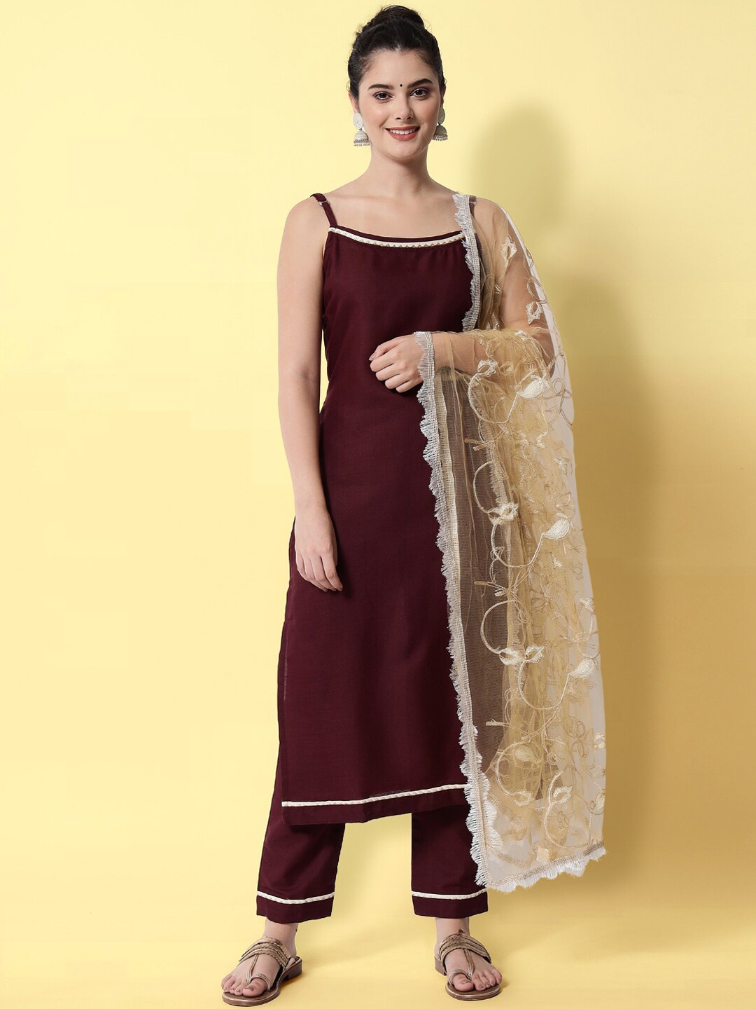 

VredeVogel Women Purple Shoulder Strap Kurta With Trouser And Thread Work Dupatta