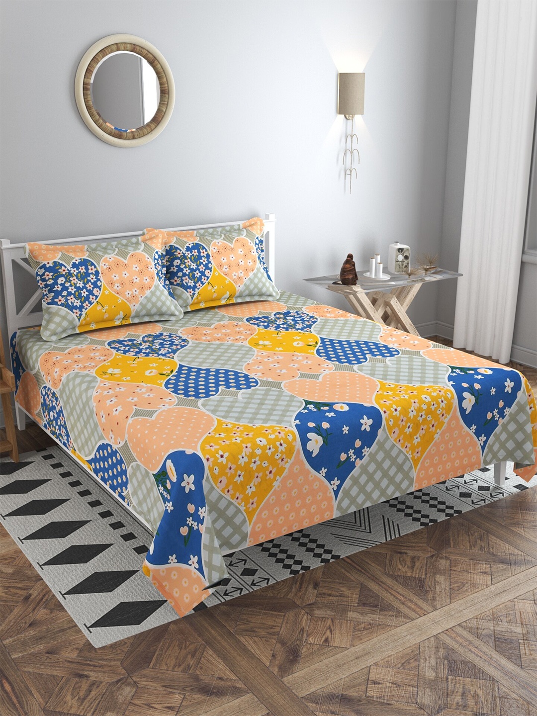 

MULTITEX Blue & Orange Floral 300 TC King Bedsheet with 2 Pillow Covers