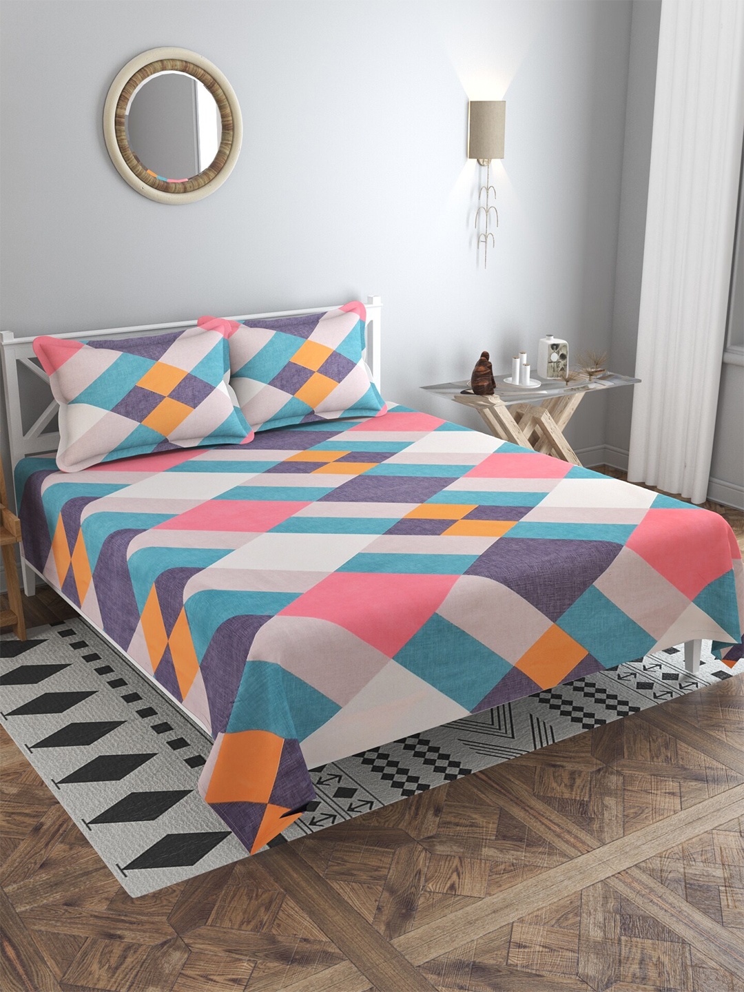 

MULTITEX Blue & Orange Geometric 300 TC King Bedsheet with 2 Pillow Covers