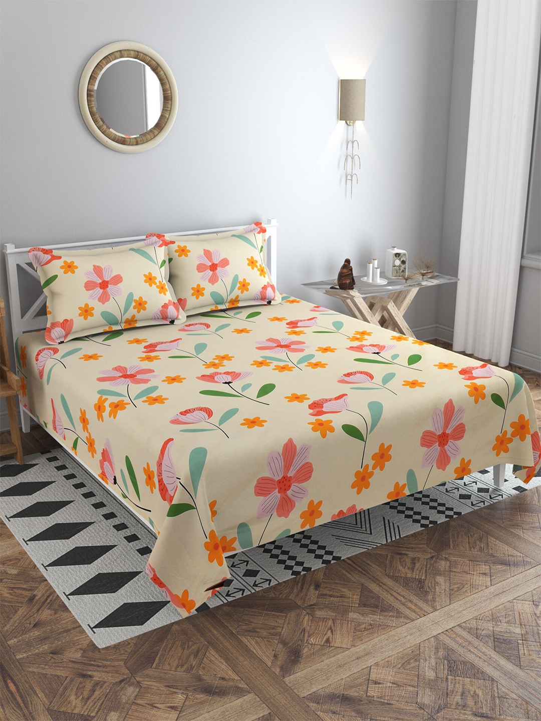 

MULTITEX Beige & Orange Floral 300 TC King Bedsheet with 2 Pillow Covers