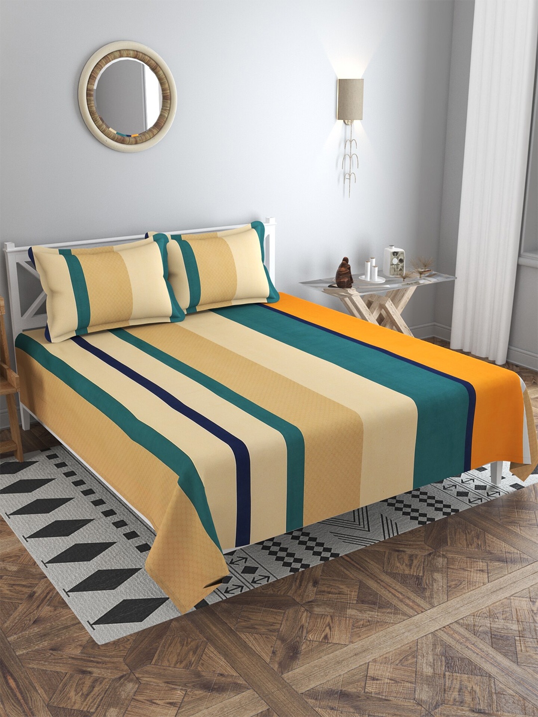 

MULTITEX Orange & Green Striped 300 TC King Bedsheet with 2 Pillow Covers