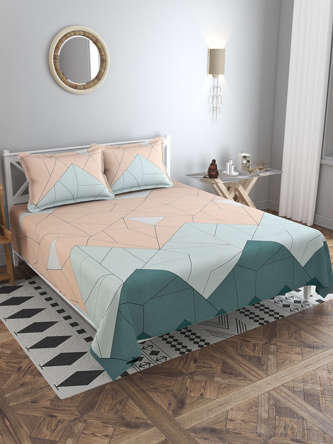 

MULTITEX Green & Peach-Coloured Geometric 300 TC King Bedsheet with 2 Pillow Covers