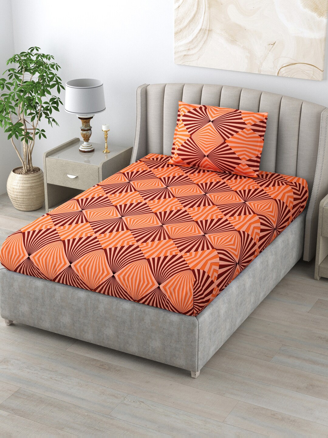 

BOMBAY DYEING Orange & Brown Geometric 120 TC Single Bedsheet with 1 Pillow Cover