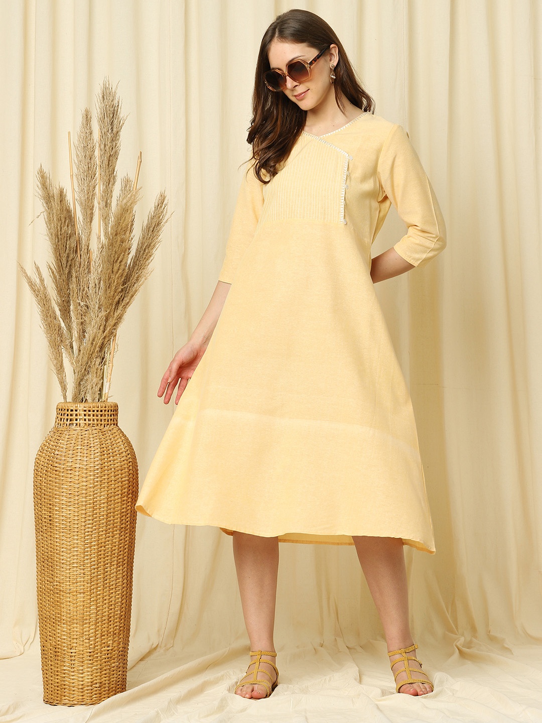 

Indifusion Women Yellow Chanderi Silk A-line Kurta