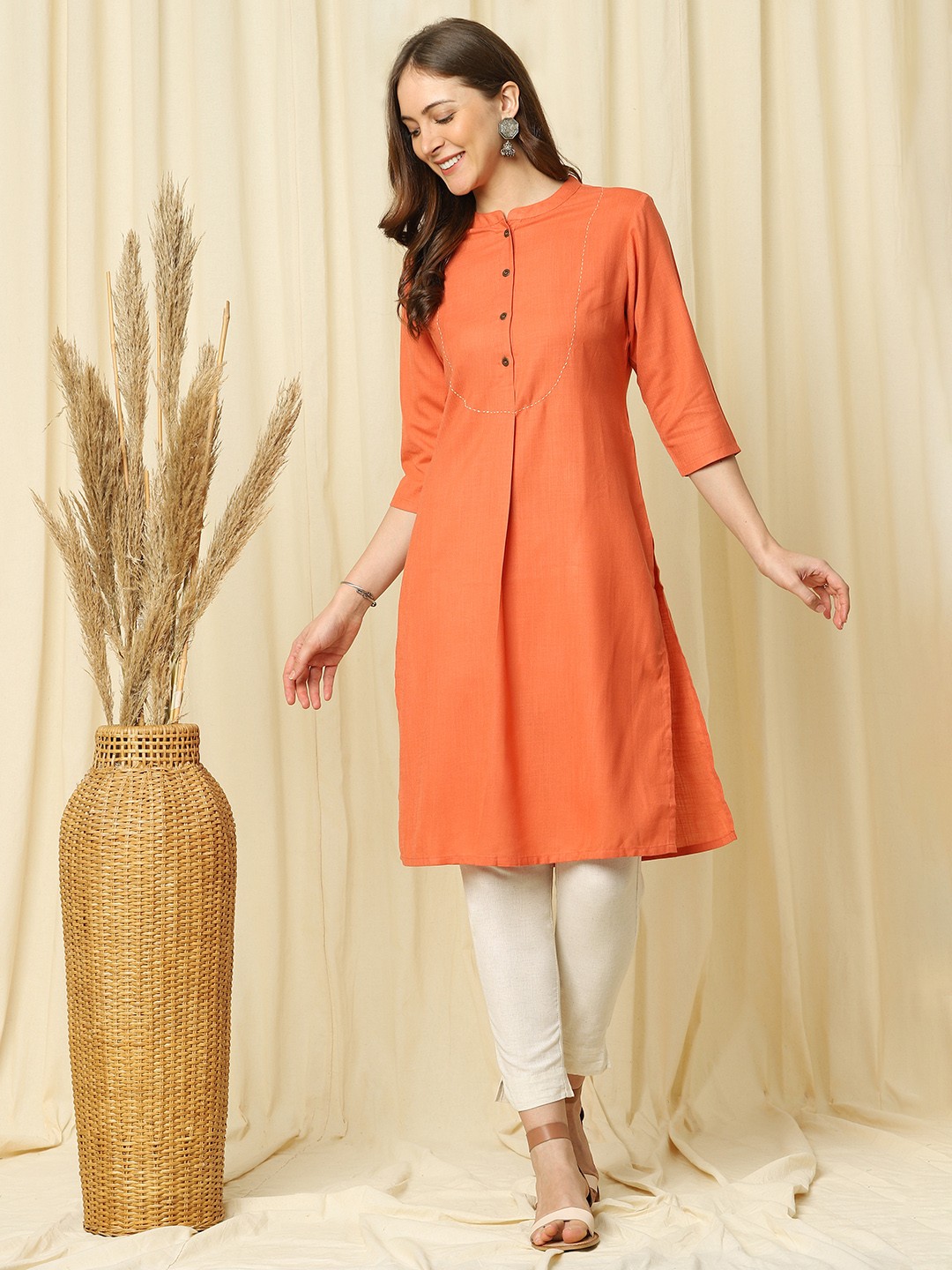 

Indifusion Women Orange Mandarin Collar Chanderi Silk Kurta