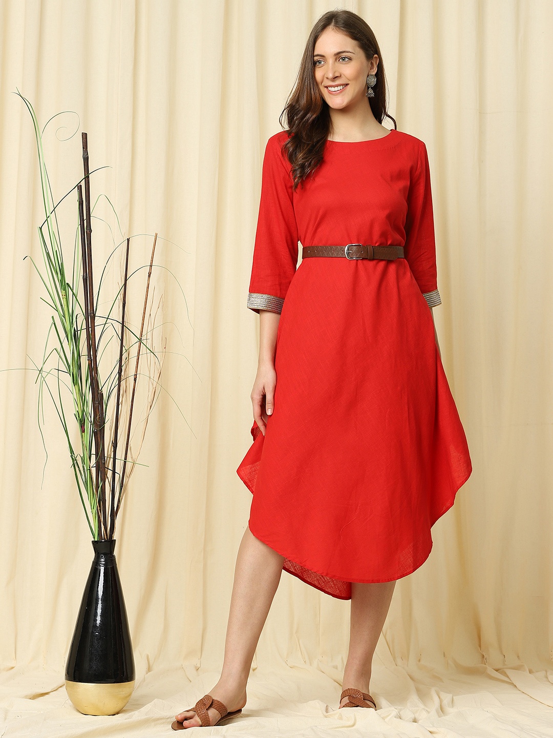 

Indifusion Round Neck Chanderi Silk Midi Ethnic Dress, Red