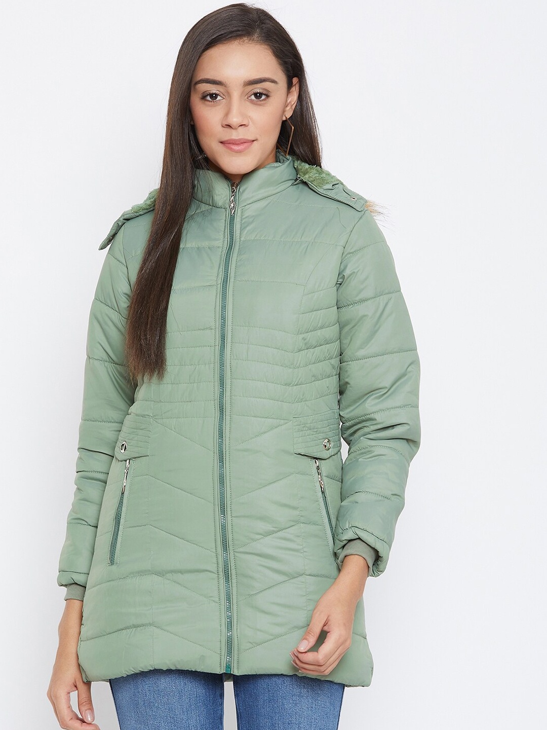 

Spirit Women Green Windcheater Longline Padded Jacket