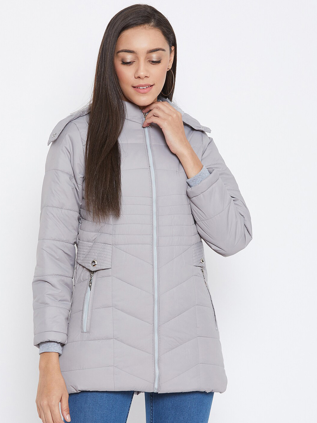 

Spirit Women Grey Windcheater Longline Padded Jacket