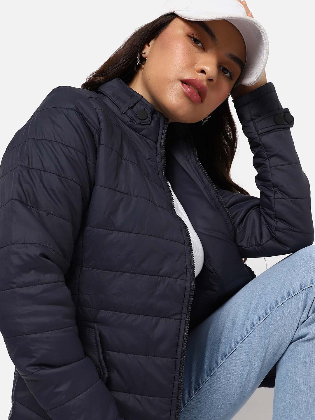 

Campus Sutra Women Navy Blue Windcheater Padded Jacket