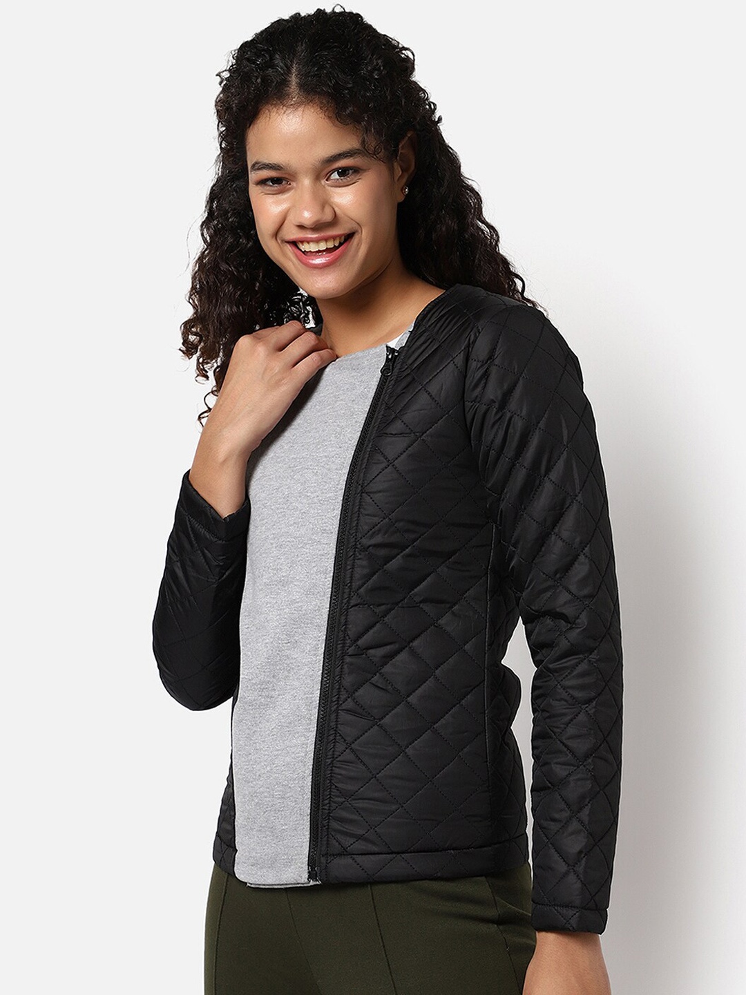 

Campus Sutra Women Black & Grey Windcheater Crop Quilted Jacket