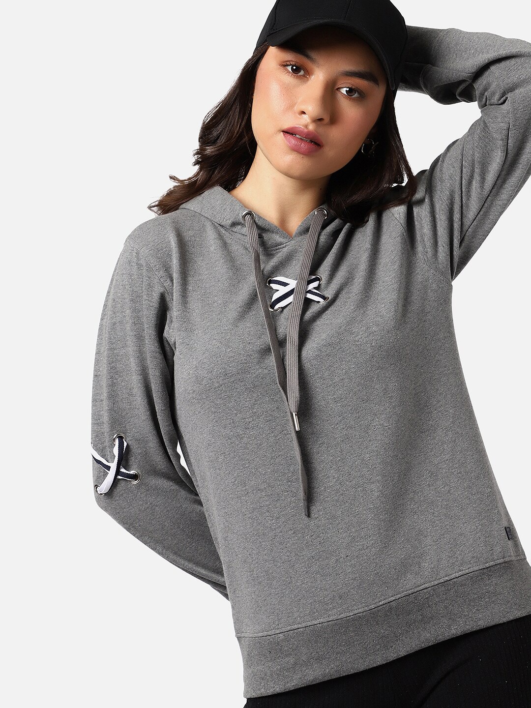 

Campus Sutra Women Grey Hooded Sweatshirt