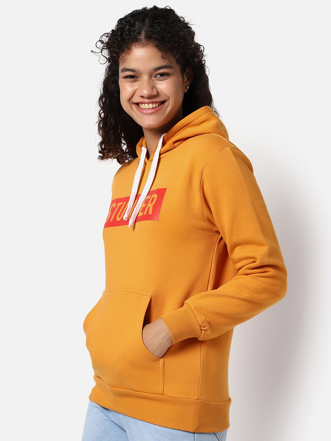 

Campus Sutra Women Mustard Printed Hooded Sweatshirt