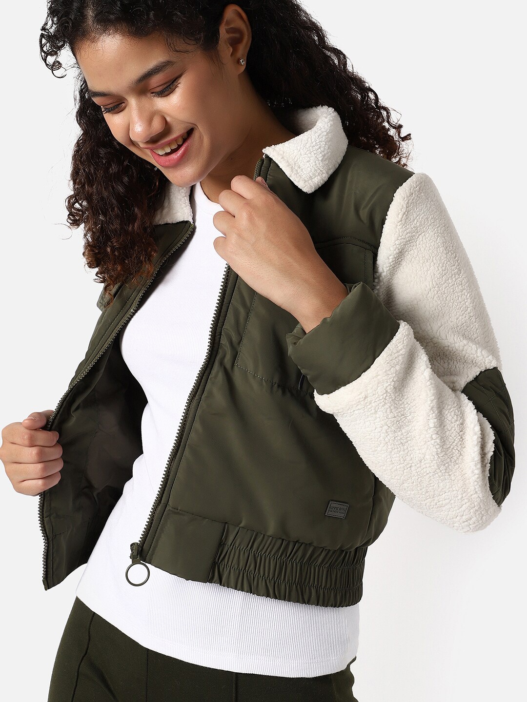 

Campus Sutra Women Green White Windcheater Crop Bomber Jacket