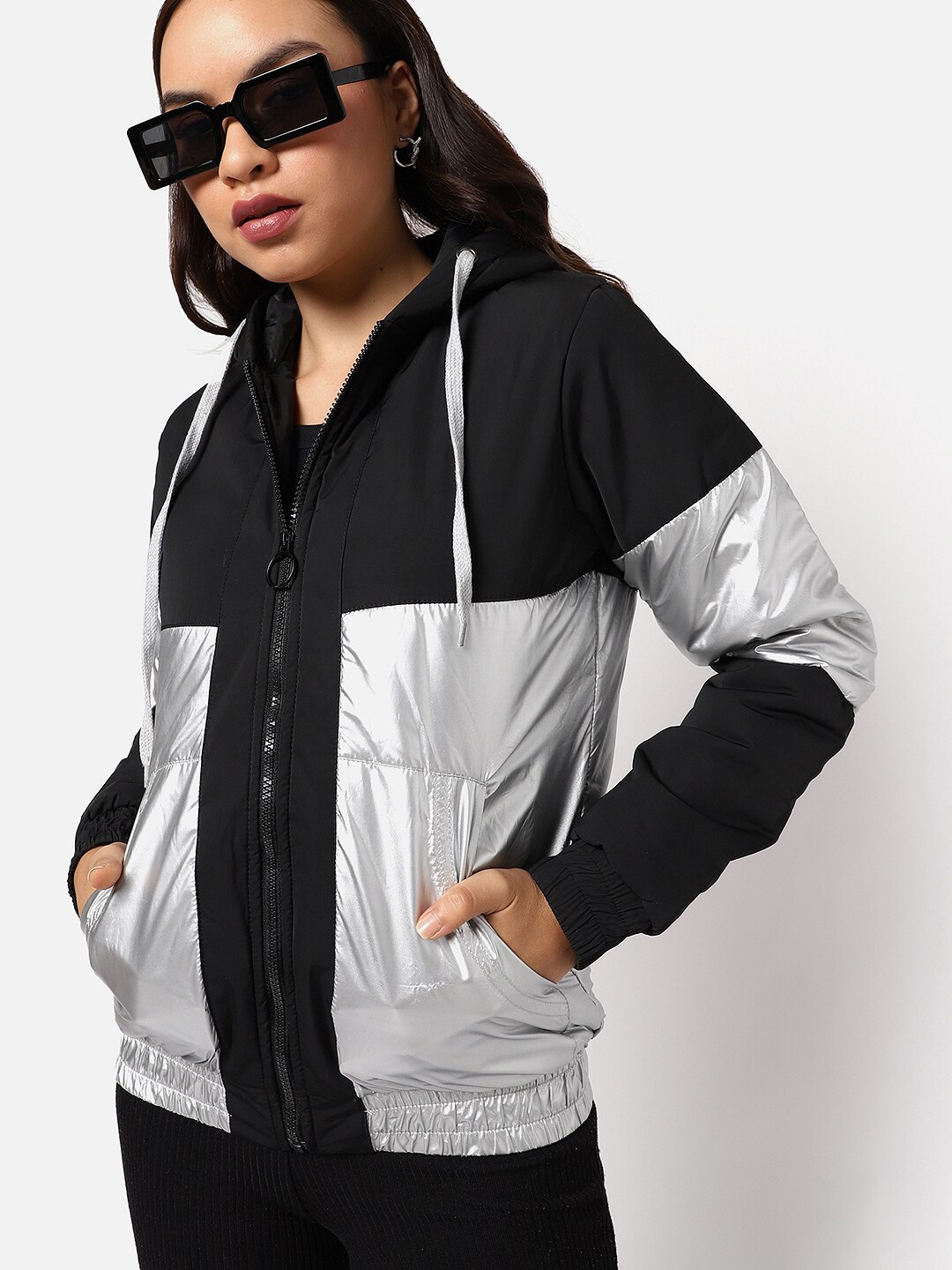 

Campus Sutra Women Black Colourblocked Windcheater Outdoor Bomber Jacket