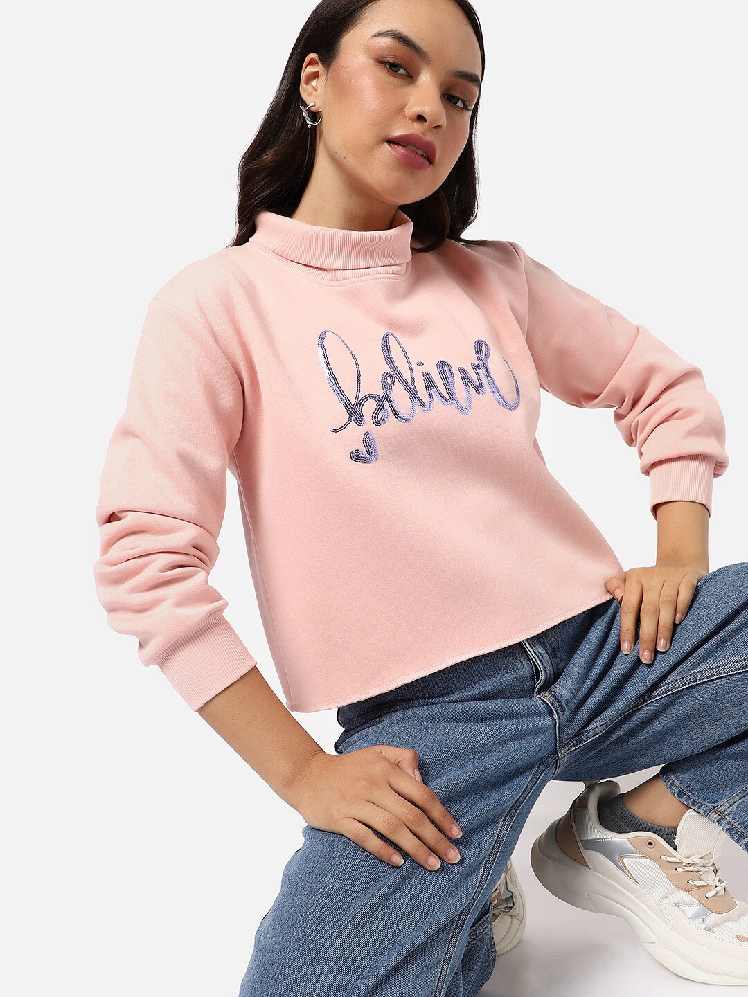 

Campus Sutra Women Pink Printed Turtle Neck Cotton Sweatshirt