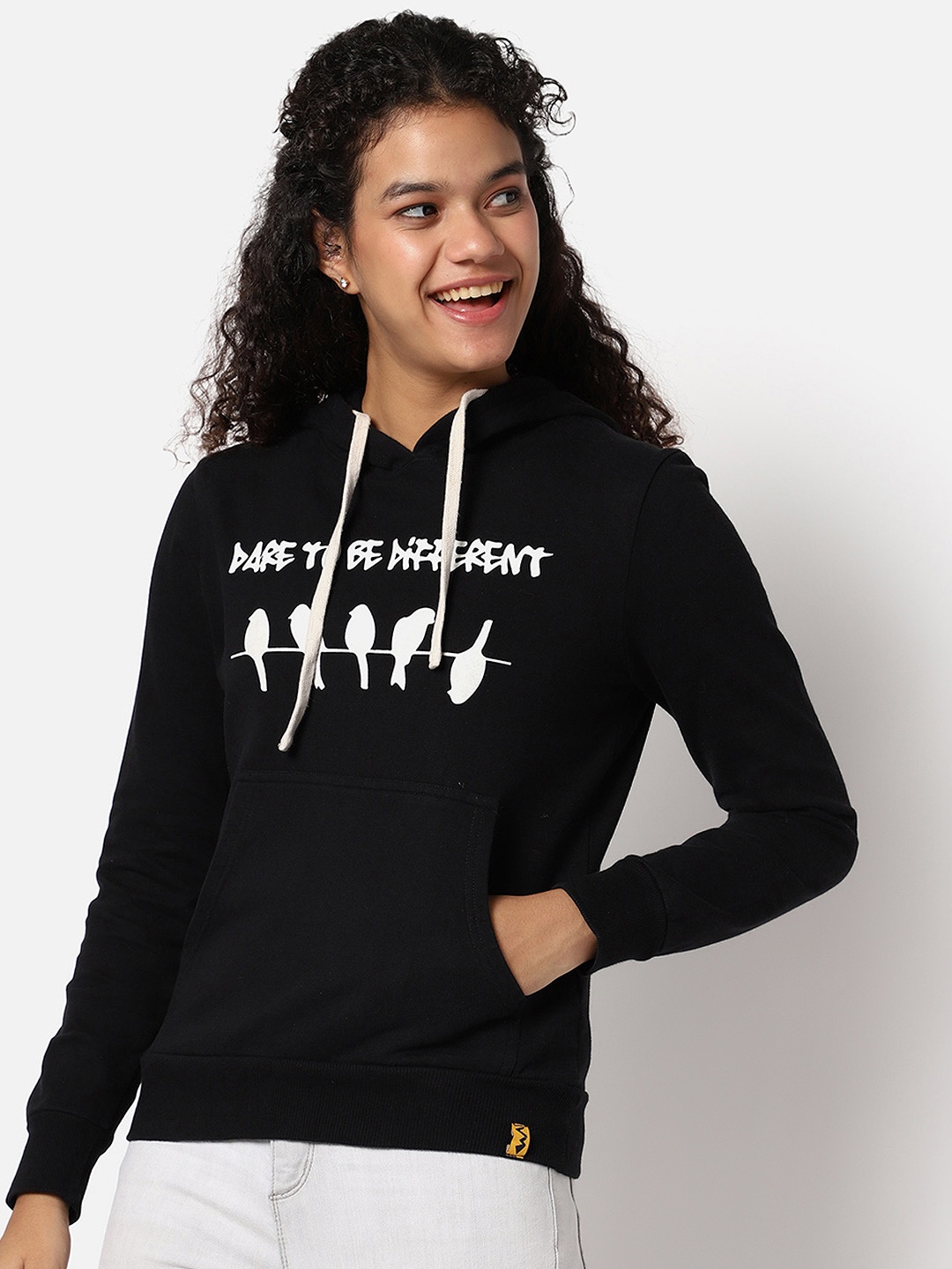 

Campus Sutra Women Black Printed Hooded Cotton Sweatshirt