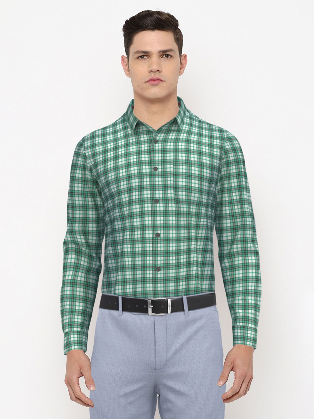 

Peter England Men Green Checked Formal Shirt