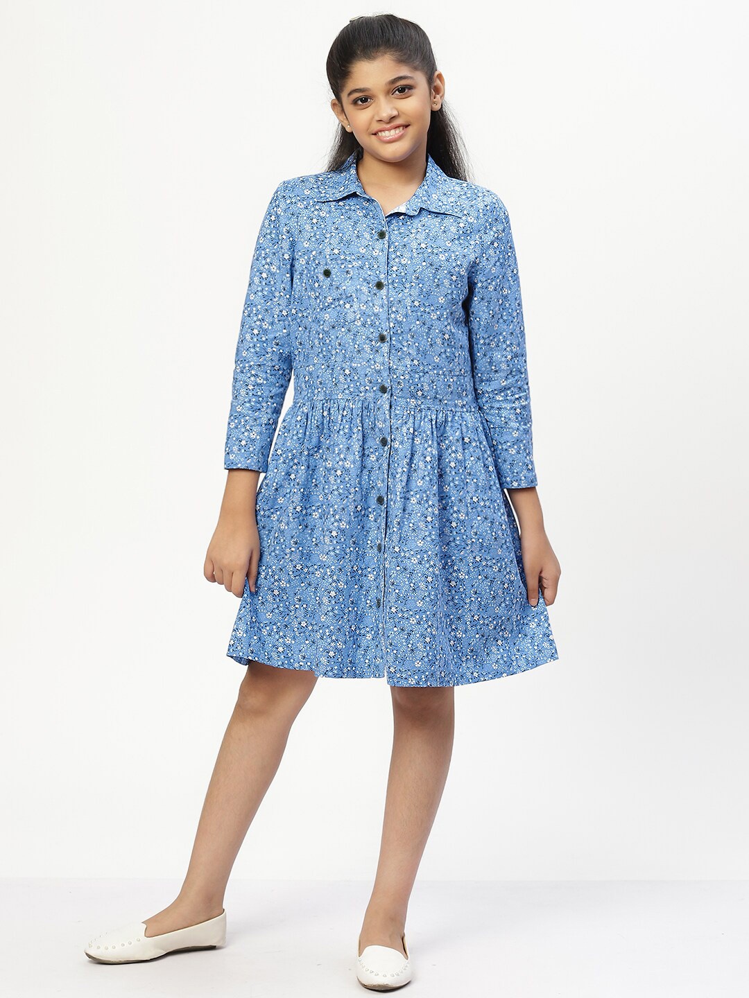 

CACA CINA Girls Blue Floral Printed Shirt Dress