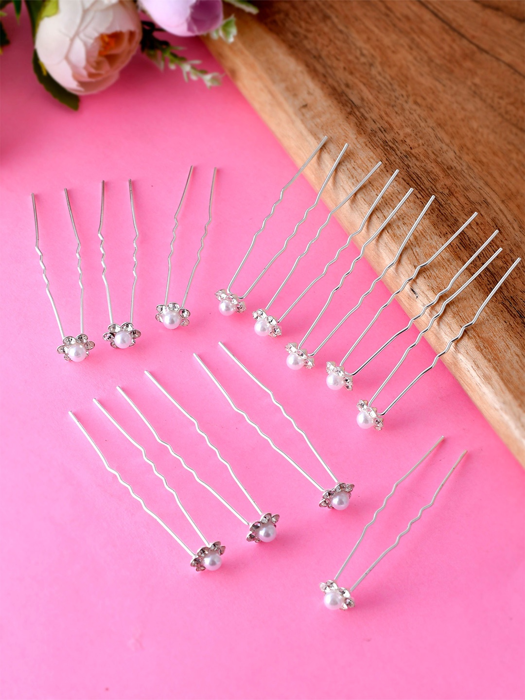 

Silvermerc Designs Women Set of 12 Silver-Toned & White Pearl Beaded U Pins
