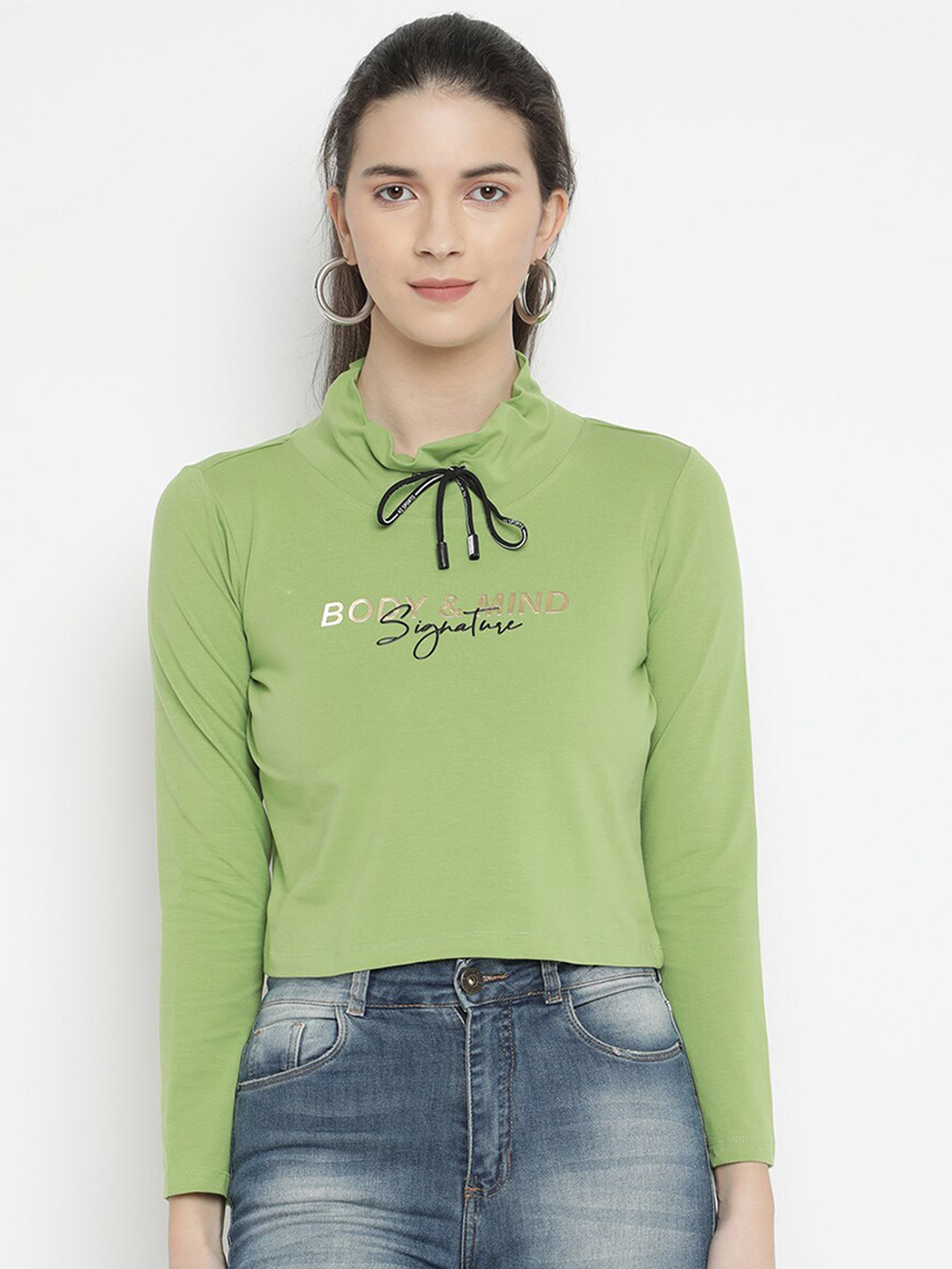 

V2 Value & Variety Women Green Typography Printed Pure Cotton Crop Top