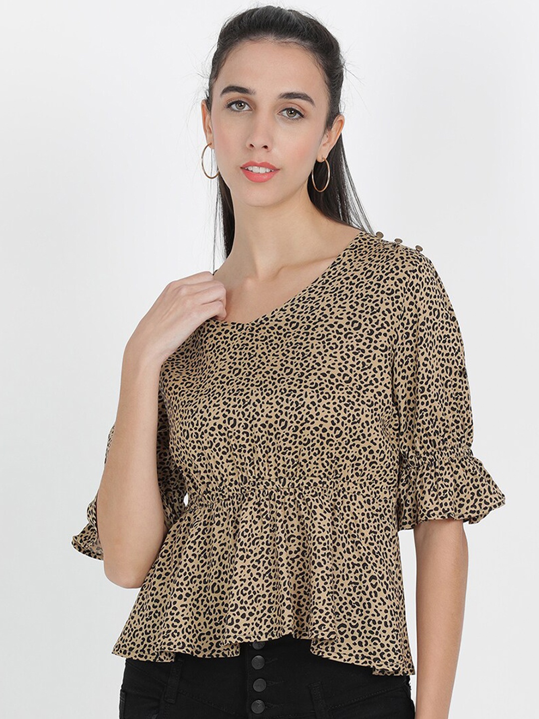 

V2 Value & Variety Women Brown & Black Animal Printed Peplum Top