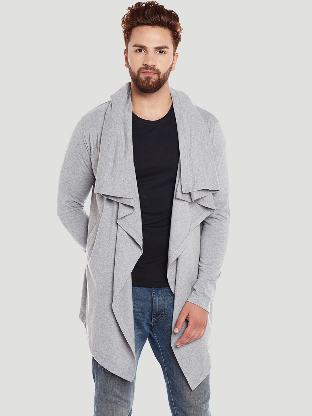 

CHILL WINSTON Men Grey Solid Cotton Longline Shrug