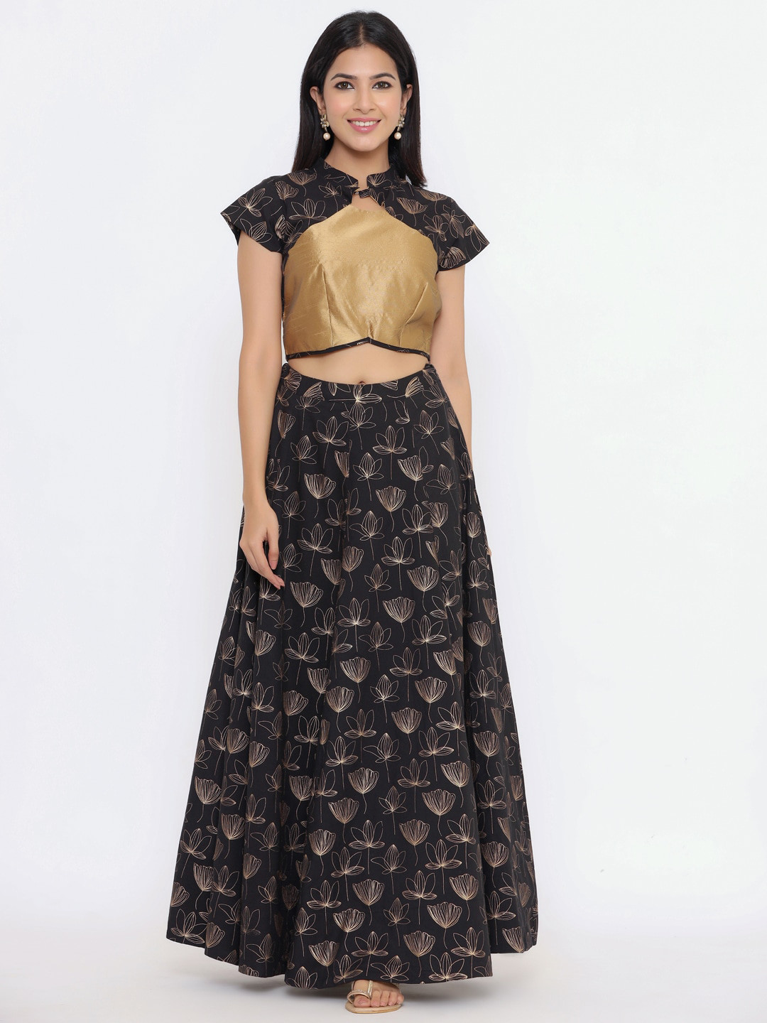 

Indian Virasat Black & Gold-Toned Printed Ready to Wear Lehenga Choli