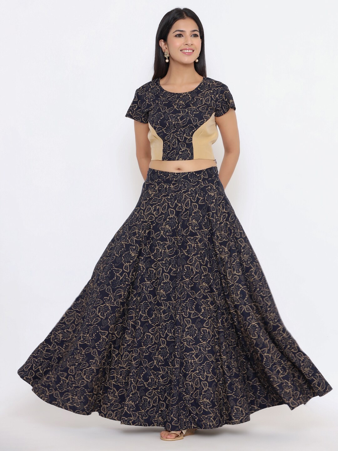 

Indian Virasat Navy Blue & Beige Printed Lehenga Choli Set