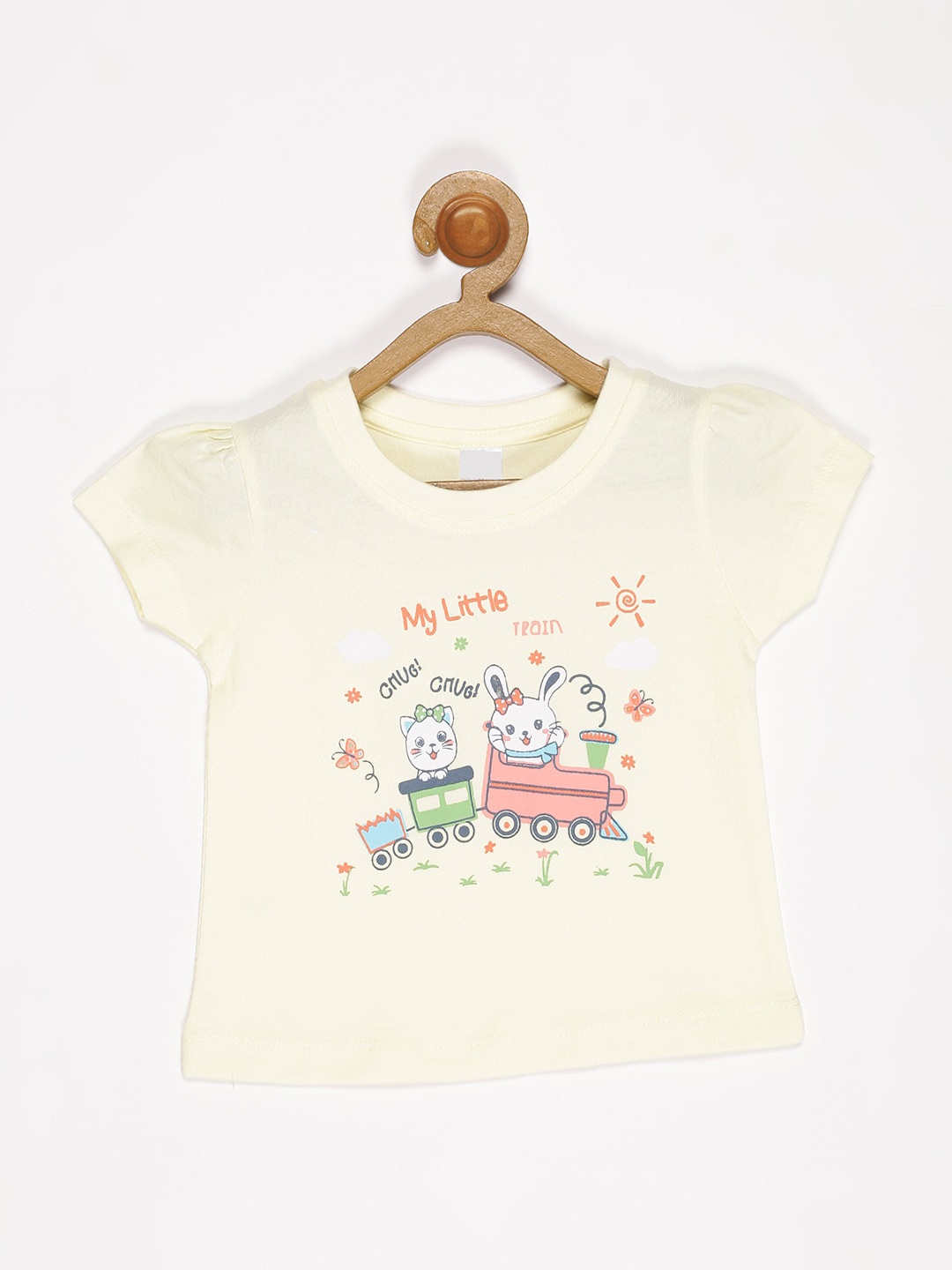 

V2 Value & Variety Girls Yellow & White Printed Puff Sleeves T-shirt