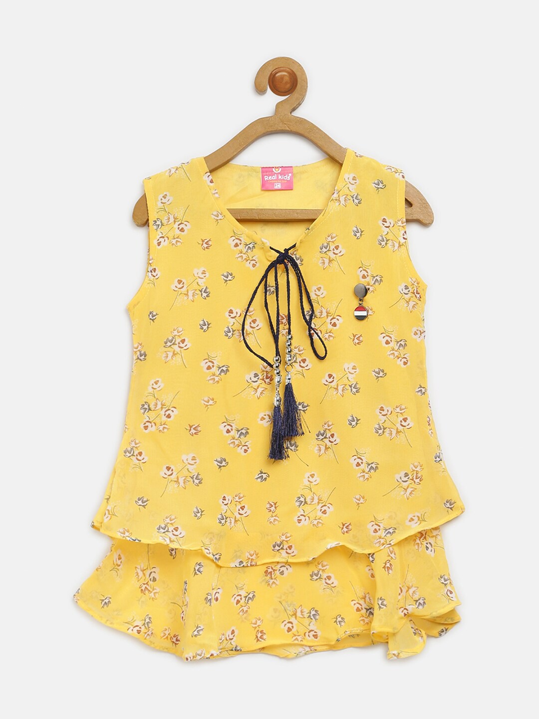 

V2 Value & Variety Yellow Floral Print Tie-Up Neck Ruffles Chiffon Tiered Top