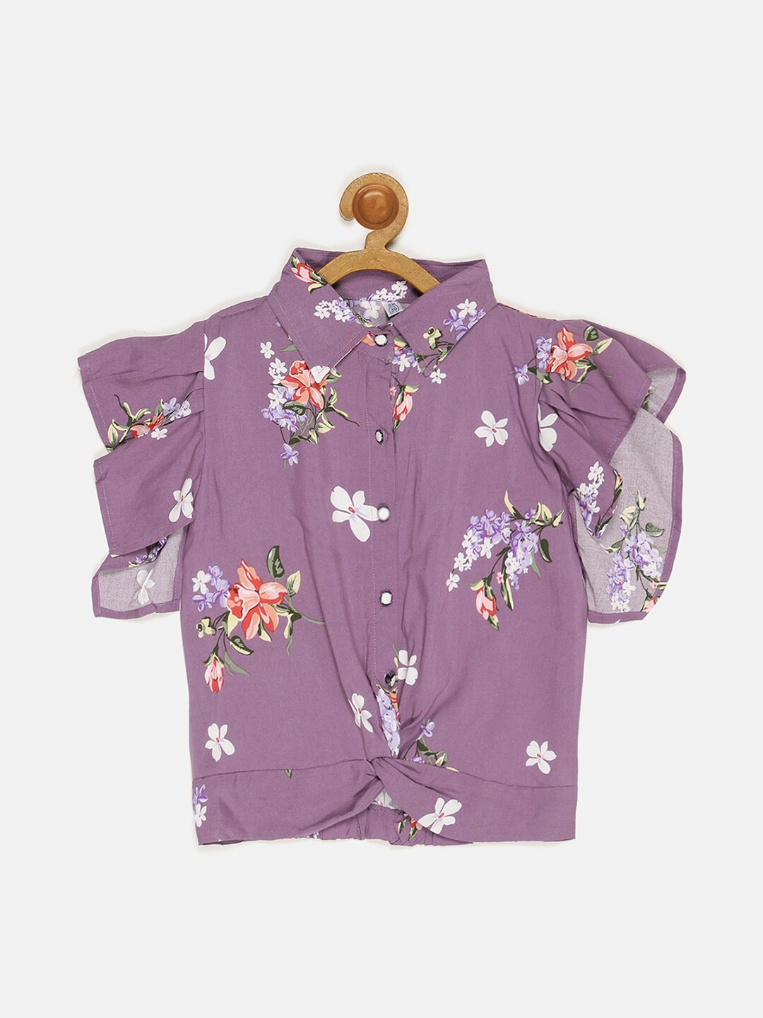 

V2 Value & Variety Purple Floral Print Twisted Crepe Shirt Style Top