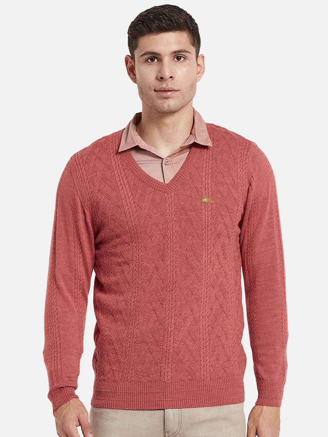 

Monte Carlo Men Peach-Coloured Cable Knit Wool Pullover